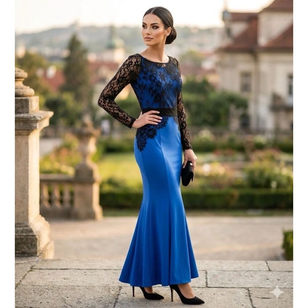 Viwenni Dress Womens M Lace Maxi Long Sleeve Top Blue Jersey Knit Formal Event